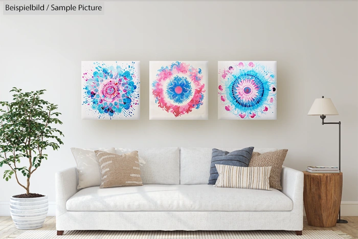 Living room with white sofa, three colorful abstract paintings on wall, and a potted plant on the side.