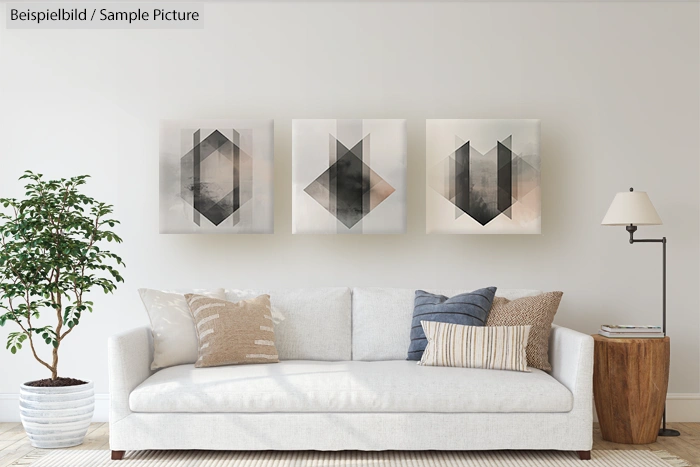 Modern living room with white sofa, geometric art on wall, floor lamp, and potted plant in bright, neutral decor.