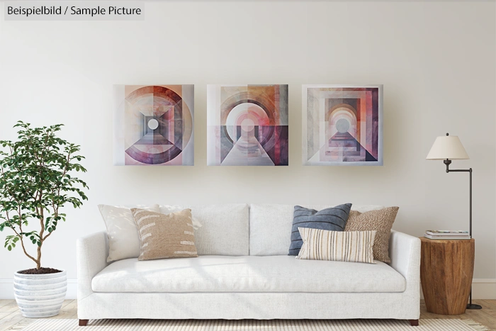 Modern living room with a white sofa, three abstract paintings on wall, and a potted plant.