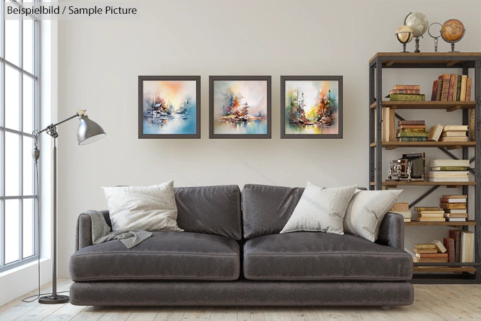 Modern living room with gray sofa, abstract paintings on wall, and bookshelf with decorative items and books.