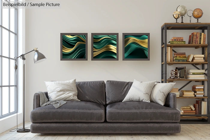 Modern living room with grey sofa, abstract green and gold wave art, bookshelves, and large window.