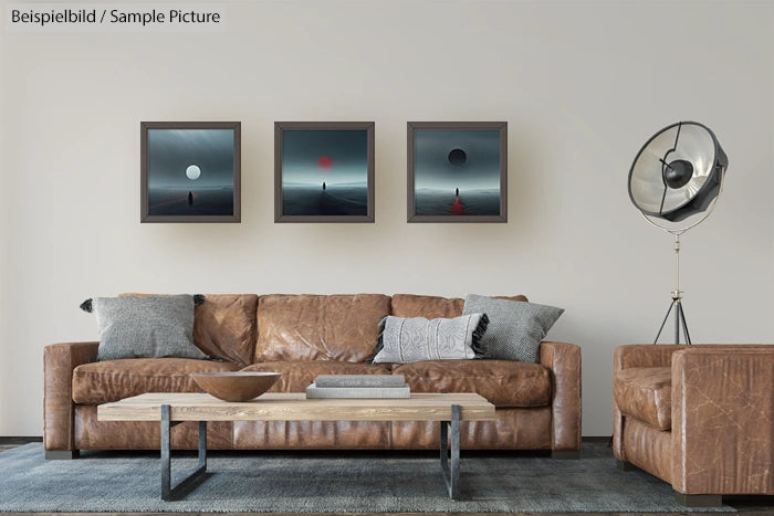 Modern living room with brown leather sofa, wooden coffee table, and three abstract paintings on a white wall.