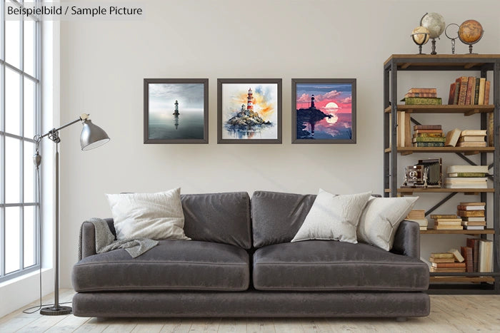 Modern living room with gray sofa, bookshelf, and three framed nautical paintings on wall.