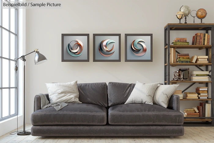 Modern living room with gray sofa, abstract wall art, and a bookshelf filled with books.