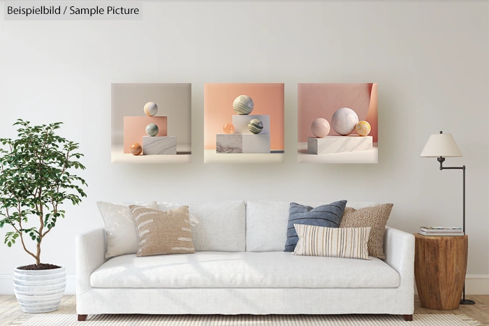 Modern living room with white sofa, patterned cushions, wall art, and a potted plant beside a tall floor lamp.