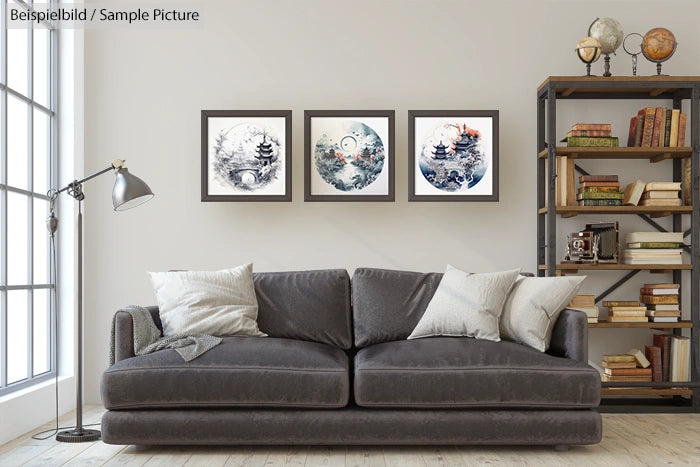 Modern living room with gray sofa, abstract artwork, and bookshelf with decorative items and books.