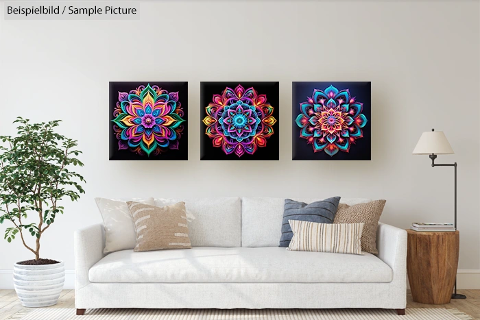 Living room with a white sofa, decorative pillows, a potted plant, and three colorful mandala artworks on the wall.