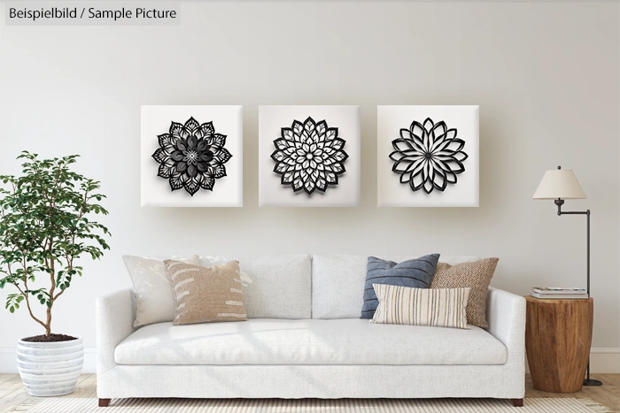 Modern living room with beige sofa, decorative pillows, plant, and three black geometric wall art pieces.