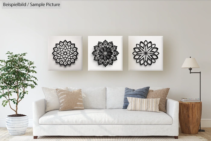 Modern living room with a white sofa, decorative pillows, wall art, potted plant, and a floor lamp.