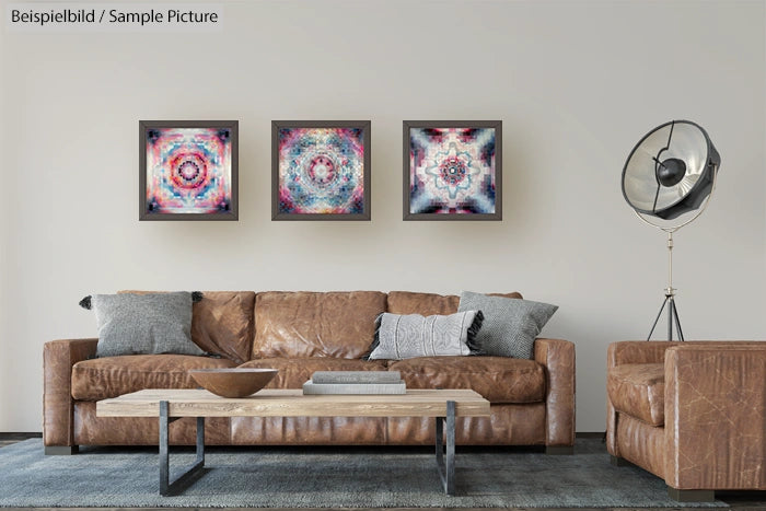 Modern living room with brown leather sofa, wooden coffee table, and three abstract art pieces on the wall.