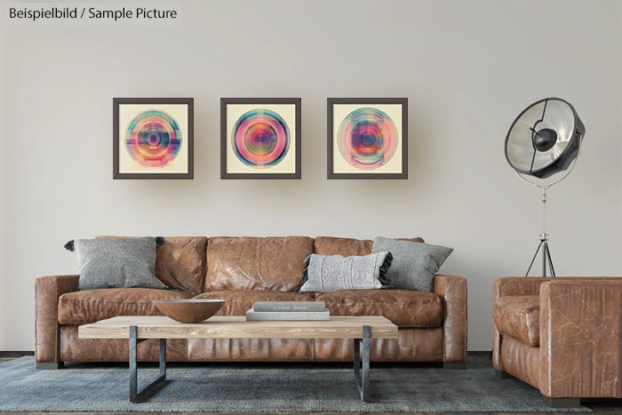 Modern living room with brown leather sofa, wooden coffee table, and abstract art on wall.