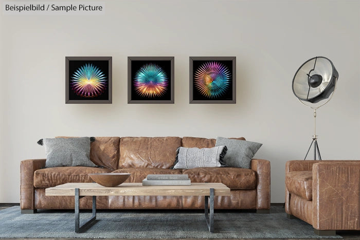 Modern living room with brown leather sofa, colorful art, and decorative lamp.