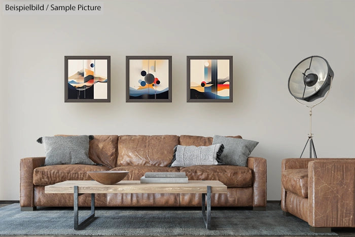 Modern living room with a brown leather sofa, wooden coffee table, and three abstract paintings on the wall.