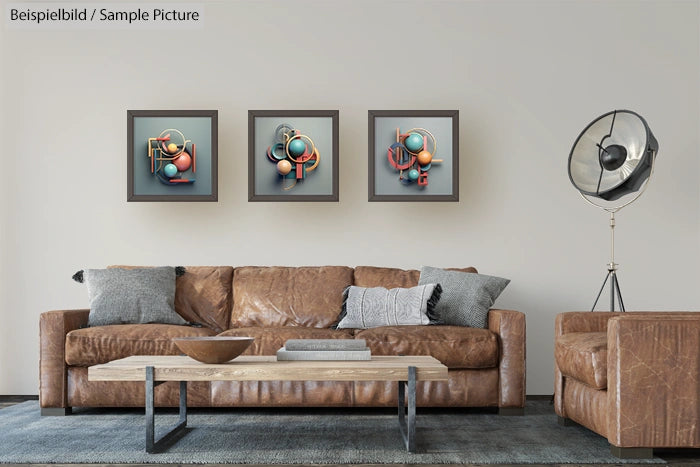 Contemporary living room with brown leather sofa, modern art on wall, and industrial-style floor lamp.