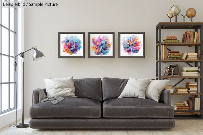 Modern living room with gray sofa, abstract art on the wall, and bookshelf with books and decorative items.