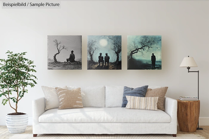 Modern living room with gray sofa and abstract art on wall, featuring a potted plant and minimalist decor.