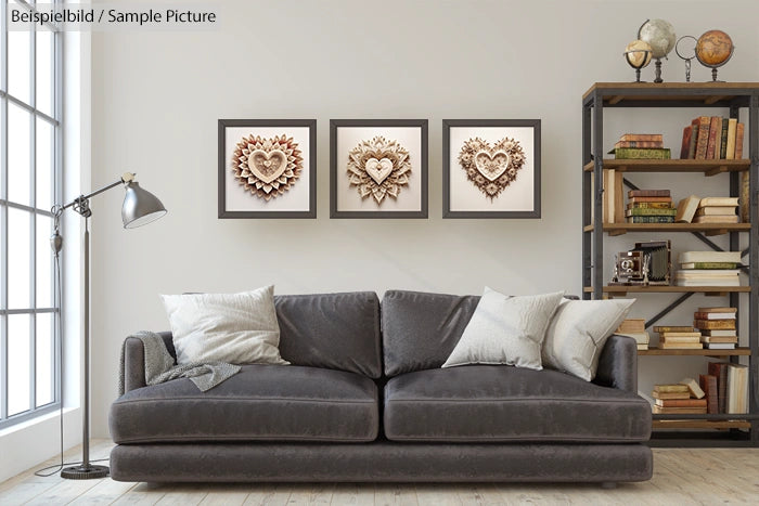 Modern living room with grey sofa, decorative heart artwork on wall, and bookshelf filled with books.