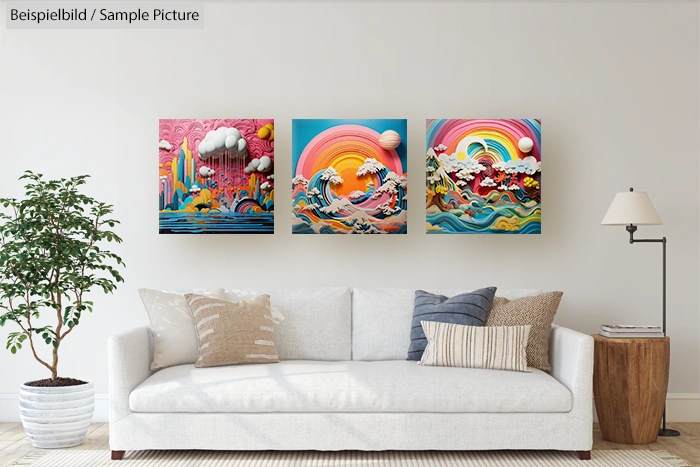 Modern living room with a sofa, pillows, plant, and colorful wall art featuring abstract landscapes and waves.