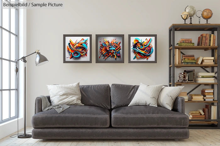 Modern living room with grey sofa, abstract art on wall, and bookshelf.