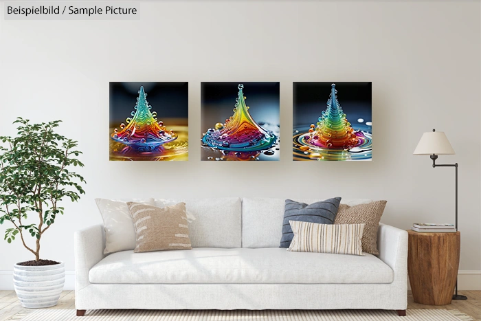 Living room with a white sofa and three colorful water droplet photos on the wall.