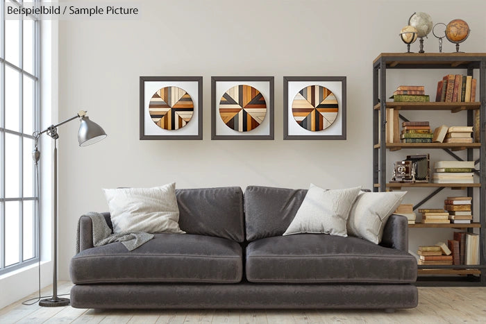 Modern living room with grey sofa, abstract wall art, and bookshelves.