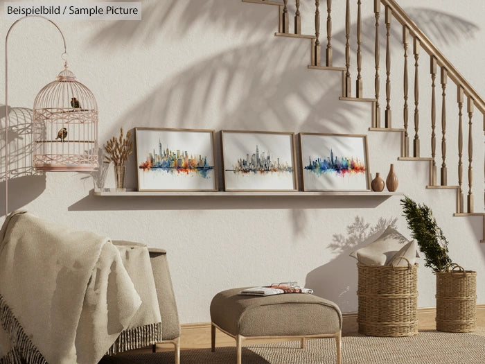 Cozy interior with framed abstract skyline art, wicker baskets, and a birdcage, under a staircase with wooden railing.