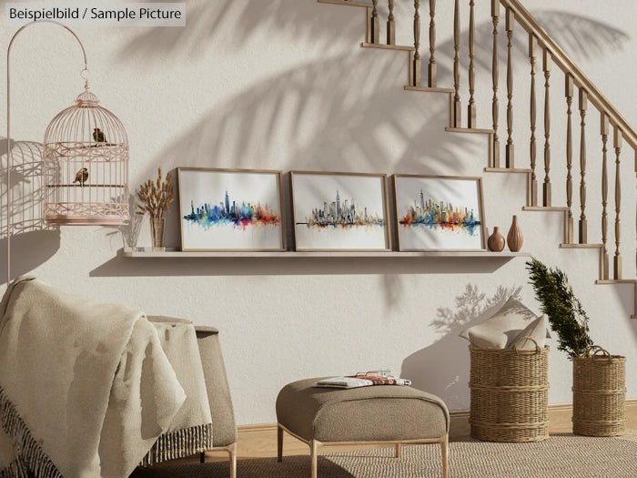 Cozy living room with abstract cityscape art, soft cushions, wicker baskets, and a decorative birdcage on display.