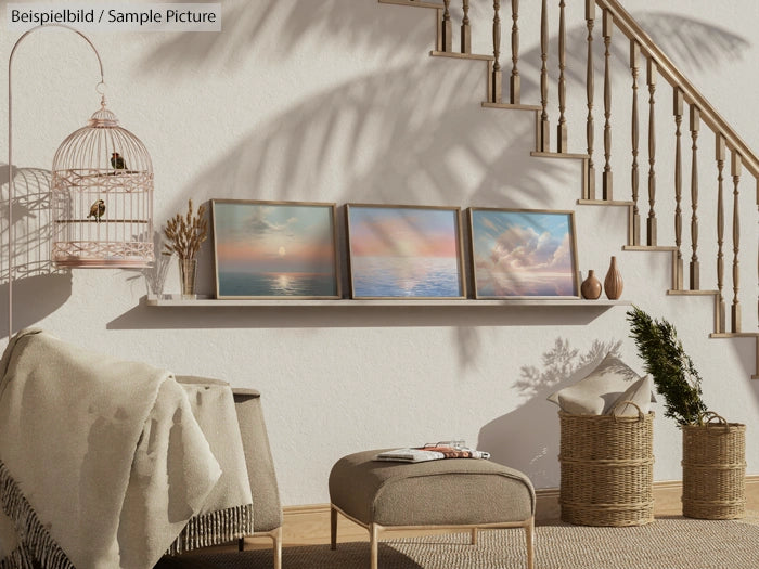 Cozy room with birdcage, framed ocean art, pouffes, and wicker baskets under a staircase. Sunlight casts warm shadows.