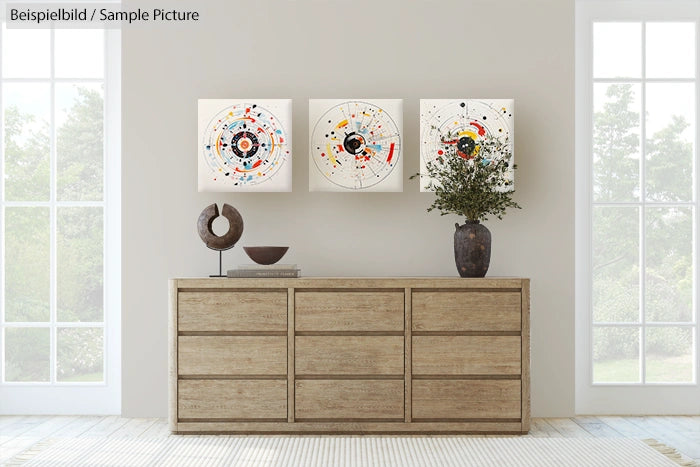 Interior with abstract wall art above wooden dresser, flanked by tall windows, featuring decorative items including a sculpture.