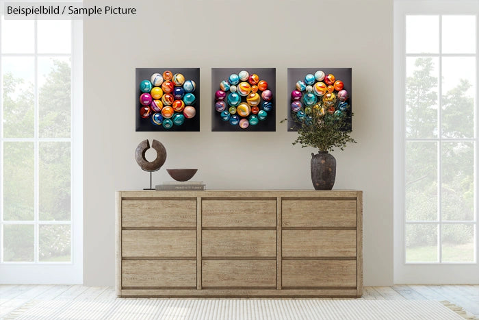 Modern room with three colorful abstract art pieces above a wooden dresser, flanked by large windows and a potted plant.