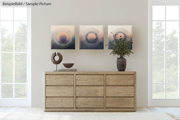 Scandinavian-style room with wooden dresser, abstract art, vase with plant, and decorative sculpture.