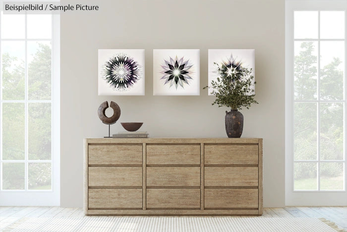 Modern living room with wooden dresser and abstract artwork on the wall.