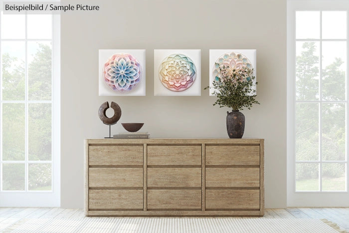 Modern minimalist living room with abstract floral art above a wooden dresser, flanked by large windows.