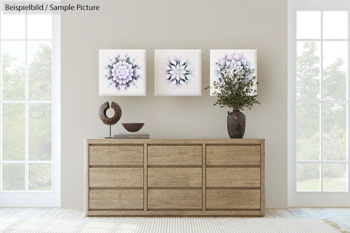 Living room with wooden dresser, vase, and three floral art pieces on wall.