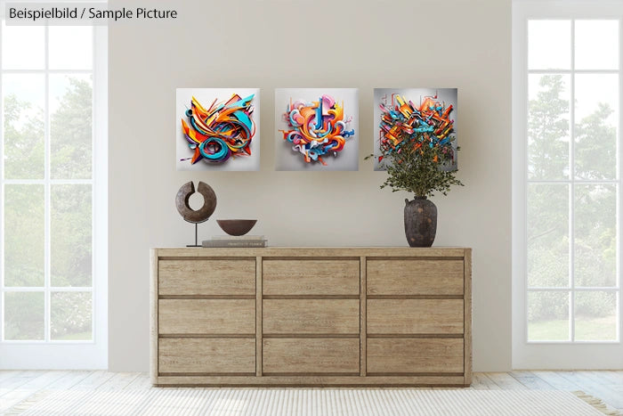 Modern living room with wooden dresser, abstract art on wall, and potted plant, against a large window background.