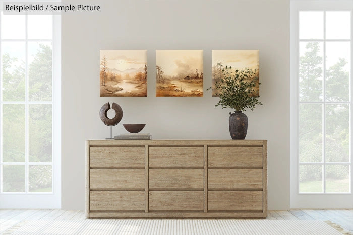 Room with wooden sideboard, three landscape paintings, and decorative vase.