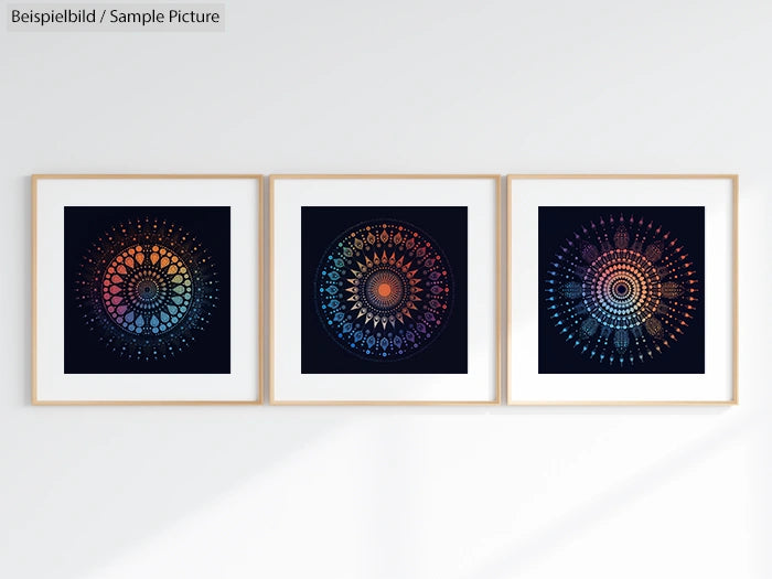 Three framed abstract mandala prints with vibrant colors on a white wall.