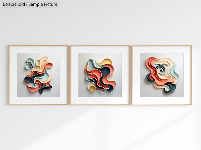 Three framed abstract art pieces with colorful curved shapes on a white wall.