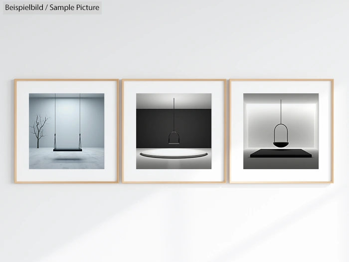 Triptych art frames with minimalist black and white abstract designs on a white wall.