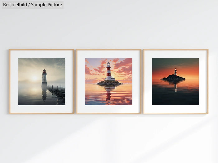 Three framed lighthouse images on a wall; serene, misty, and sunset scenes, showcasing tranquil seascapes.