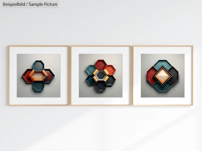 Three framed geometric artworks with hexagonal designs in various colors on a light wall.