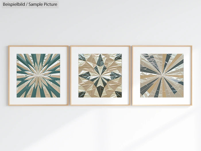 Triptych of abstract geometric art with green and beige tones in wooden frames on a white wall.