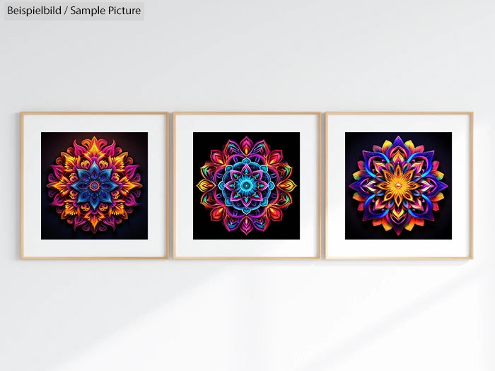 Three framed mandala artworks with vibrant colors displayed on a white wall.