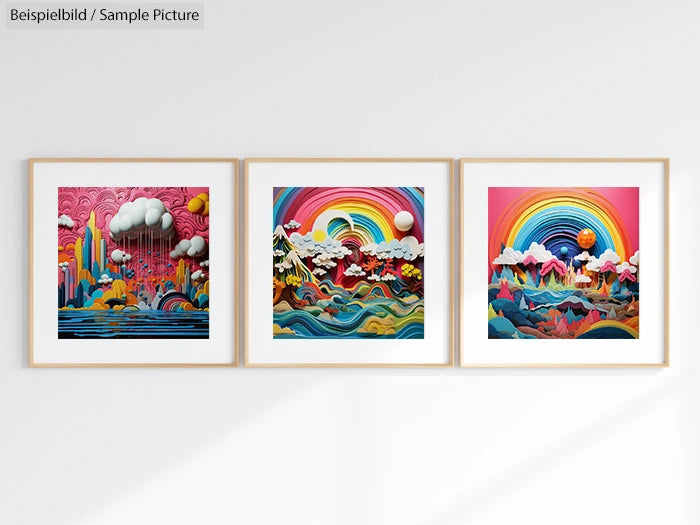 Three framed abstract paintings with colorful landscapes and rainbow elements on a white wall.