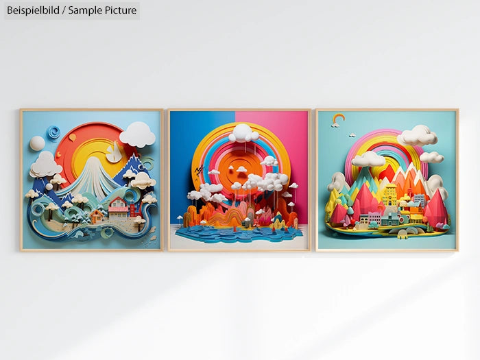 Colorful 3D wall art triptych with rainbow themes, featuring mountains, cityscape, and waves in vibrant colors.