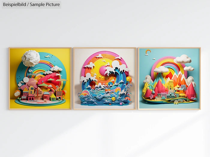 Three colorful 3D wall art pieces depicting a village, sea waves, and a rainbow over mountains.