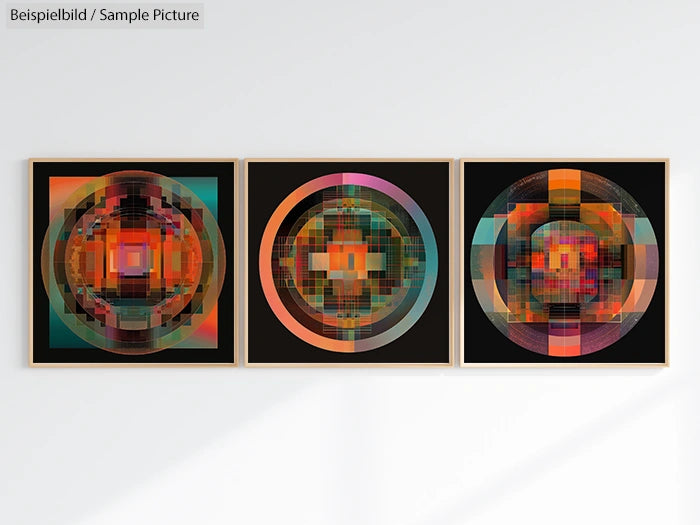 Abstract geometric art with circular patterns and vibrant colors in three framed prints on a white wall.