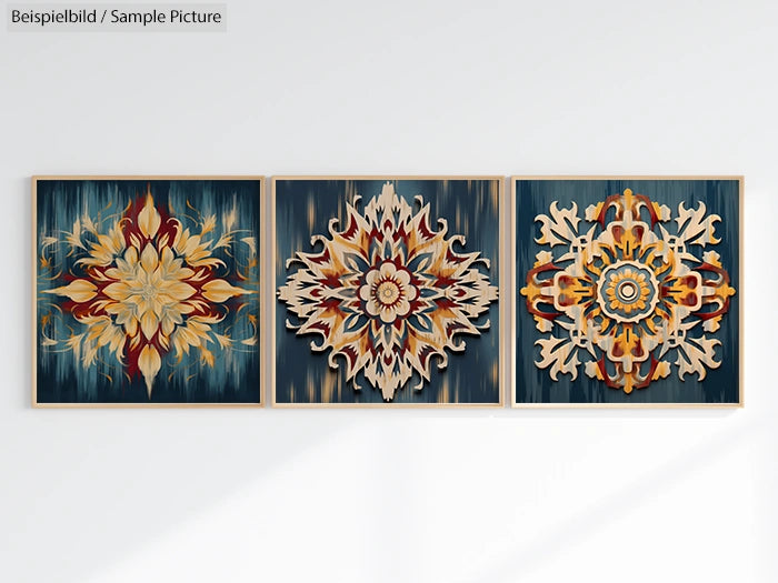 Three ornate mandala artworks on blue background, framed in gold. Intricate floral and geometric designs.