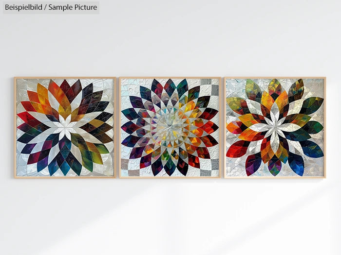 Three mosaic panels with colorful, symmetrical floral designs on a white wall.