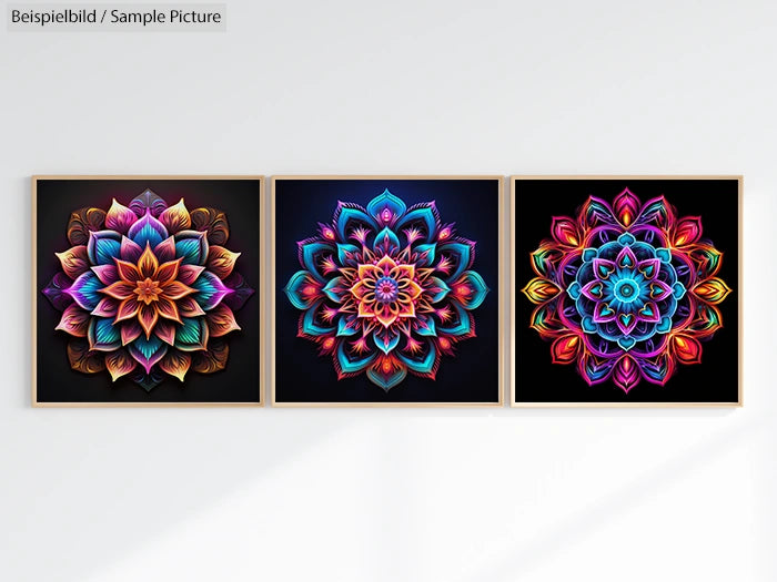 Three framed mandala art pieces in vibrant colors on a white wall.